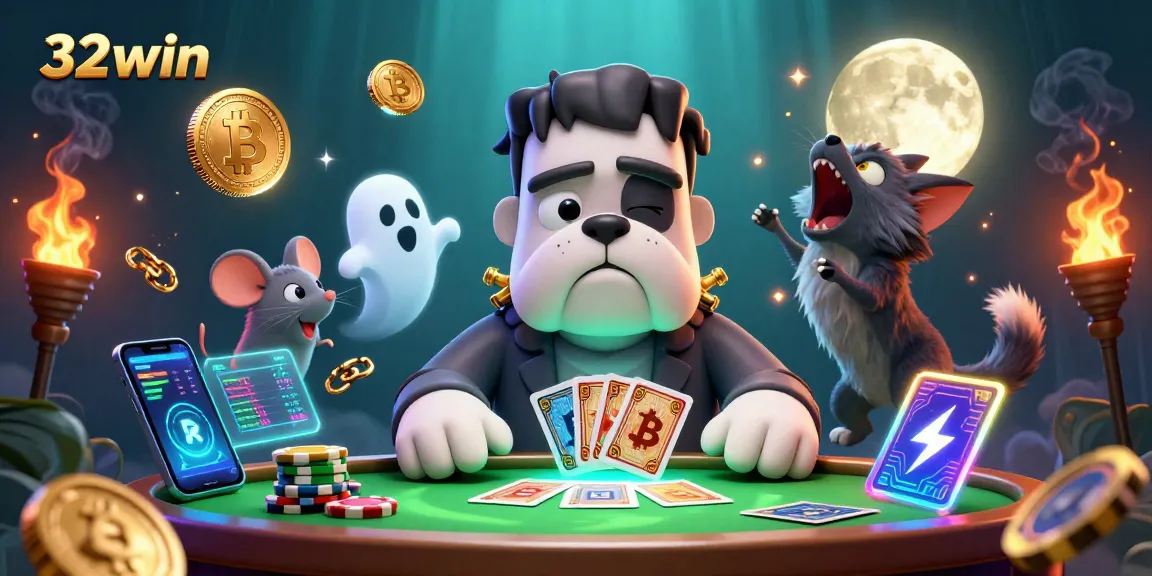 Join the action at 32win with a vibrant cartoon casino scene featuring unique characters and crypto elements on a thrilling gaming table.