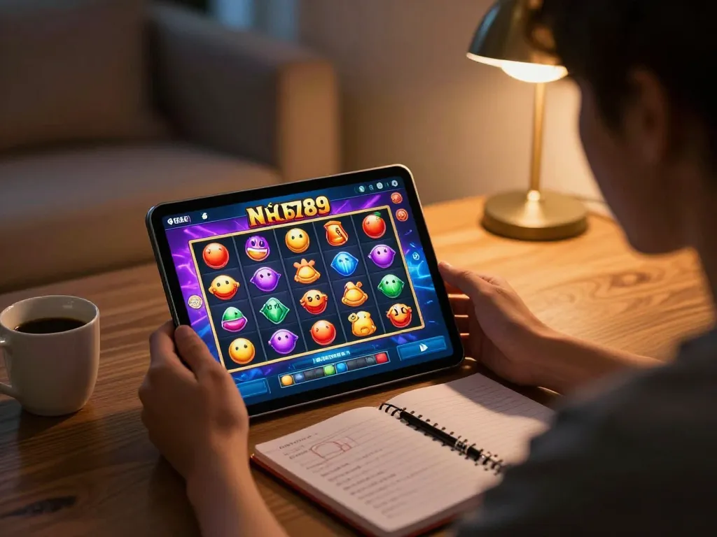 Engaging in nổ hũ 6789 on a tablet, showcasing a vibrant gaming setup with cozy atmosphere.