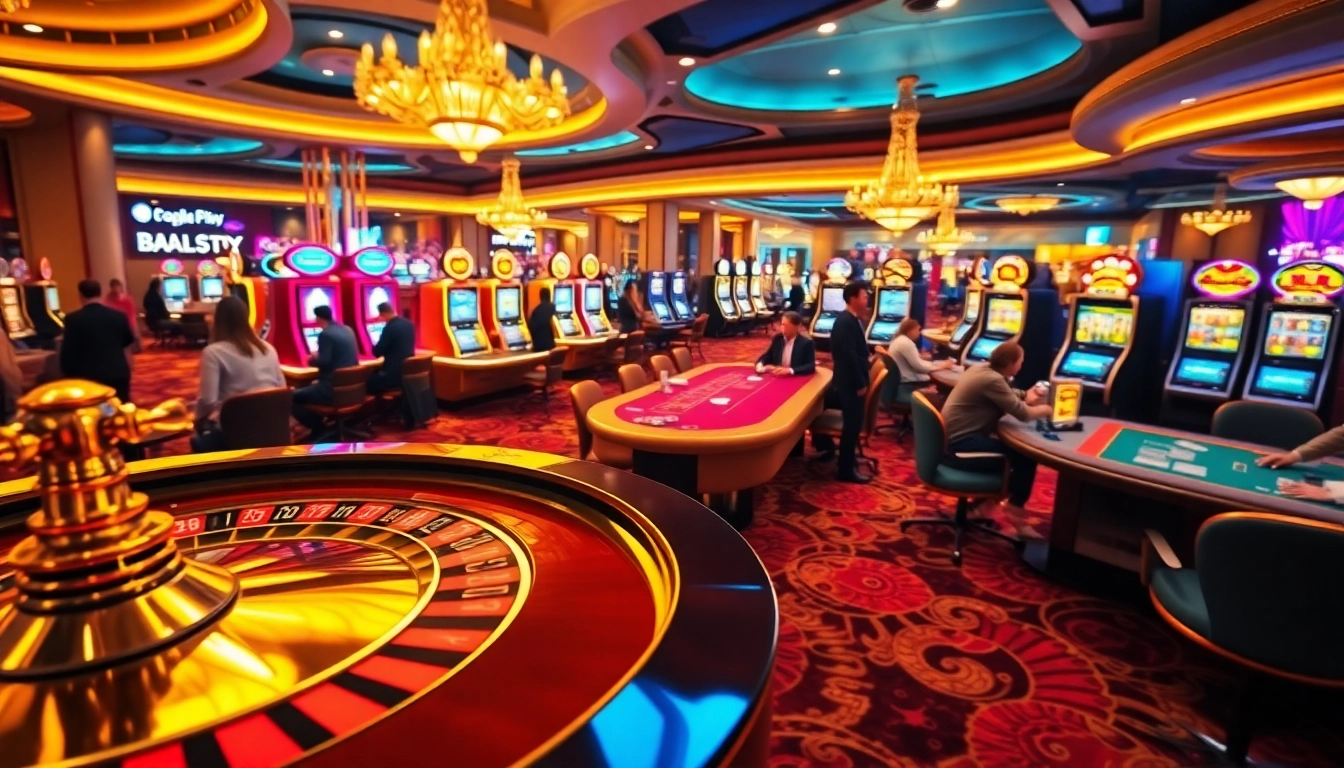 Players engage in thrilling gambling activities at a vibrant casino featuring s8s gaming tables and bright slot machines.
