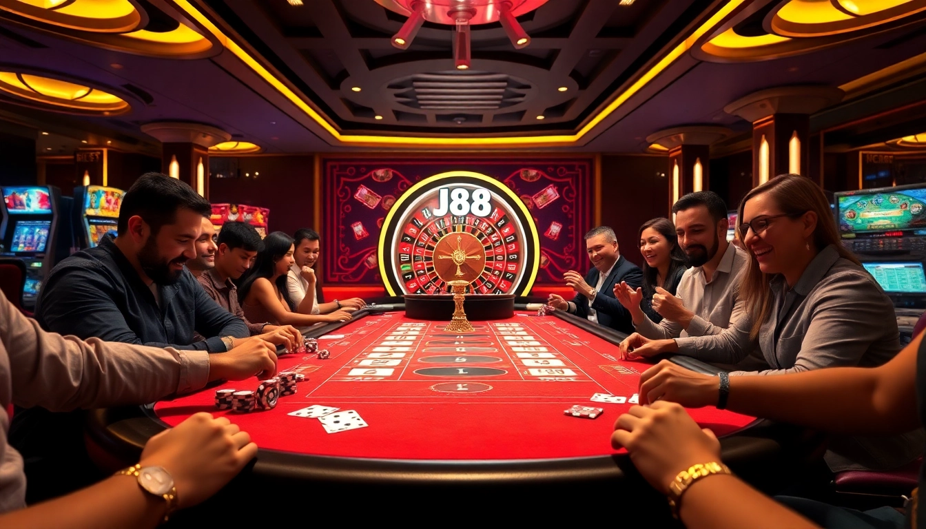 J88 gaming table featuring vibrant casino chips and excited players enjoying a thrilling game.