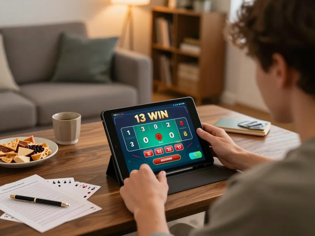 Player immersed in 13 WIN blackjack on tablet, emphasizing engaging online casino strategies in cozy atmosphere.