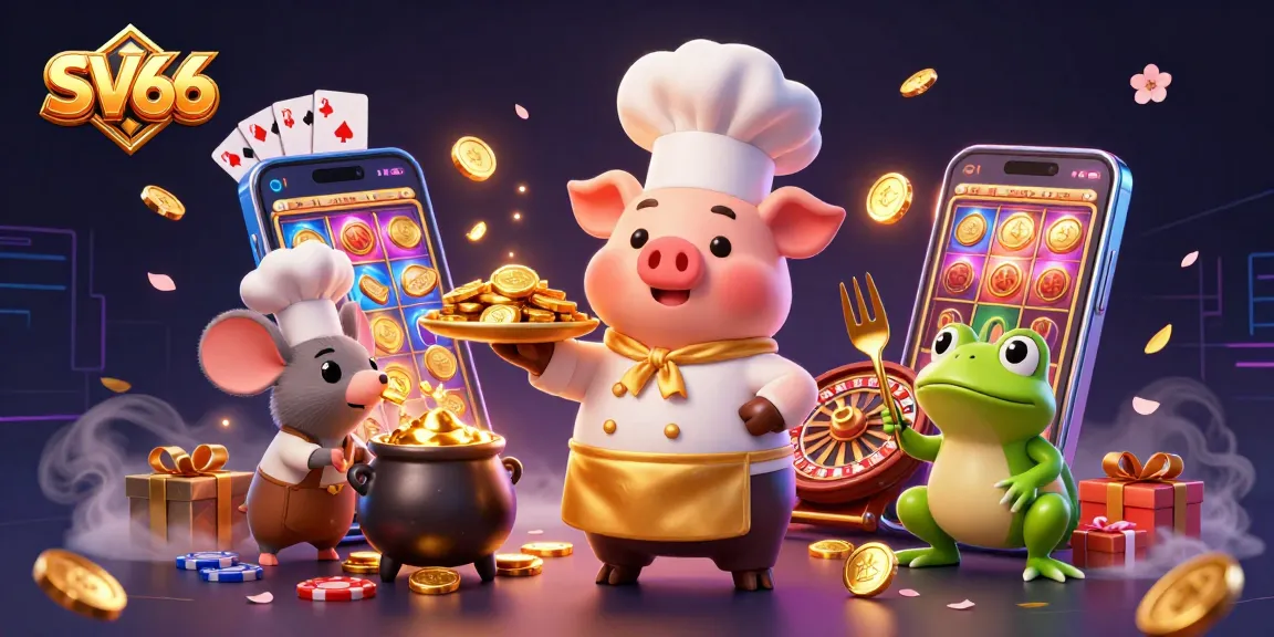 SV66 promotes thrilling online gaming with cartoon chef and dynamic casino visuals.
