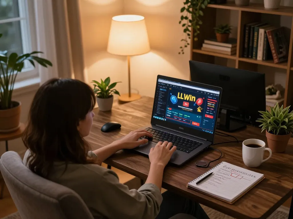 Engaging in online casino gaming through LLwin with a laptop in a cozy setting.