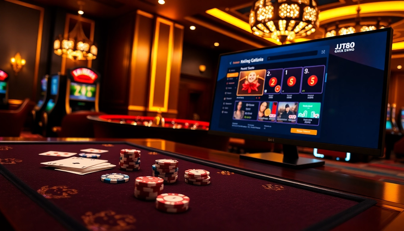 Experience the thrilling atmosphere of trang chủ bj88 with vibrant casino elements like poker chips and roulette wheels.