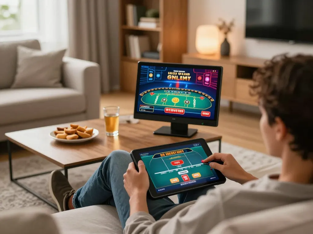 Person immersed in five888 online gaming experience with vibrant live dealer interface on tablet