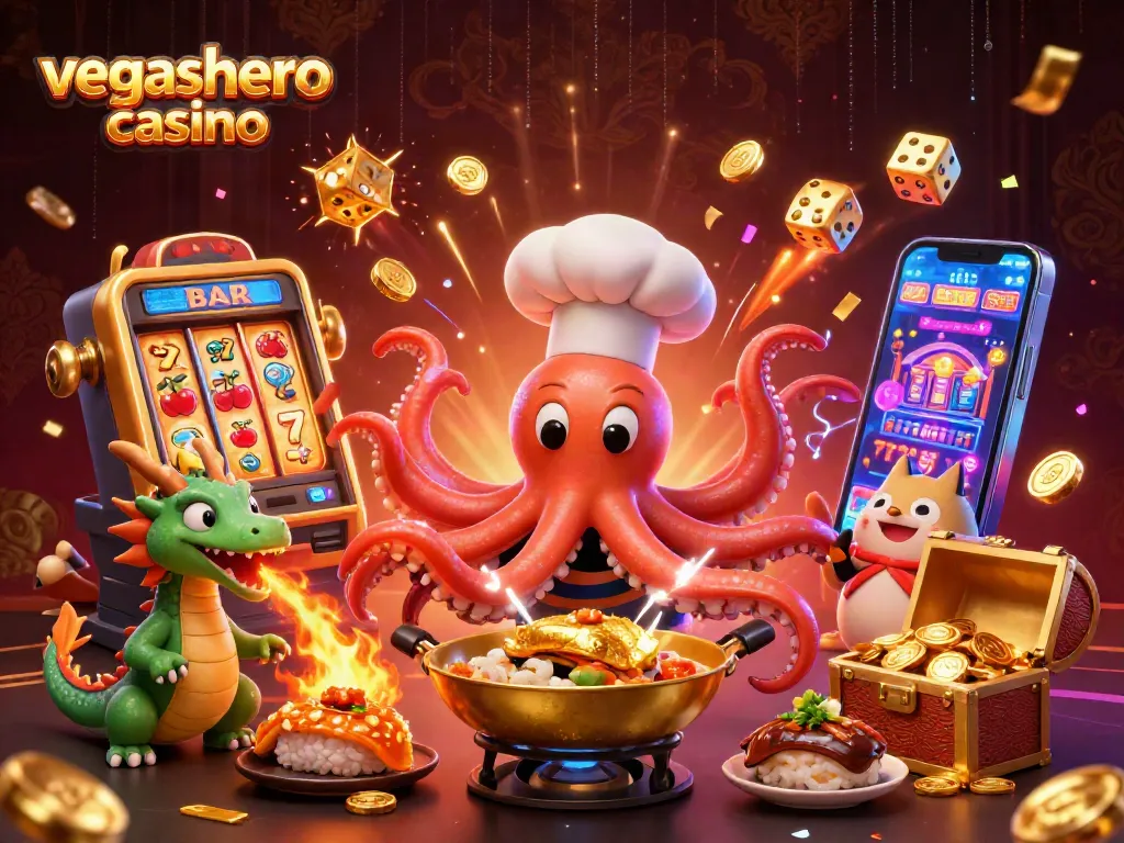 Engage with vegashero casino's vibrant 3D scene featuring slots, a chef octopus, and treasure elements.