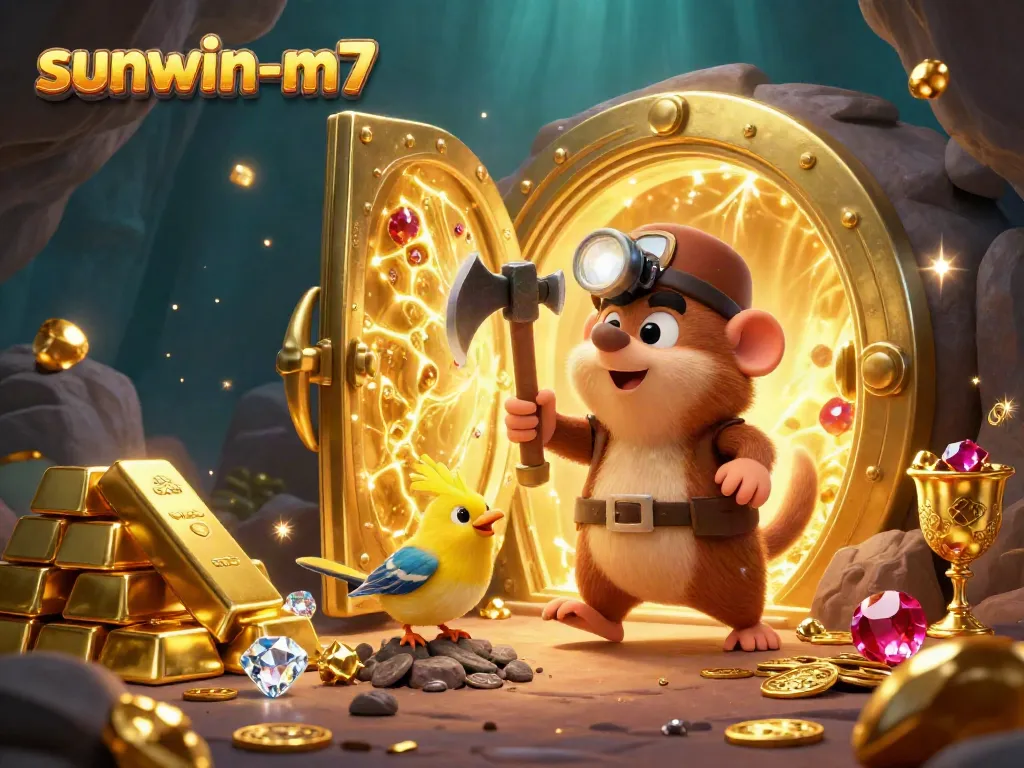 Engage with sunwin-m7's rich treasure-filled scene featuring a treasure hunter mole, gold, and gems.