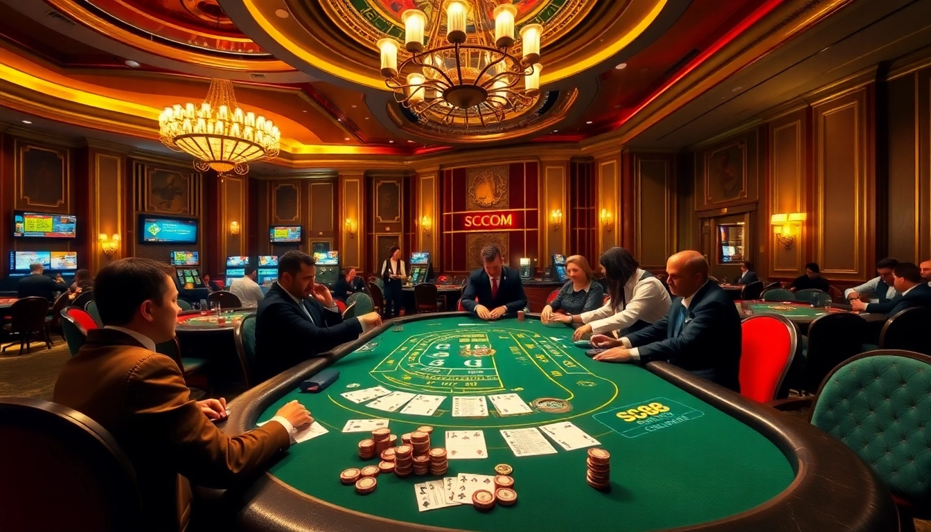 Engaged players at a luxurious SC88 COM blackjack table showcasing excitement in a professional casino.