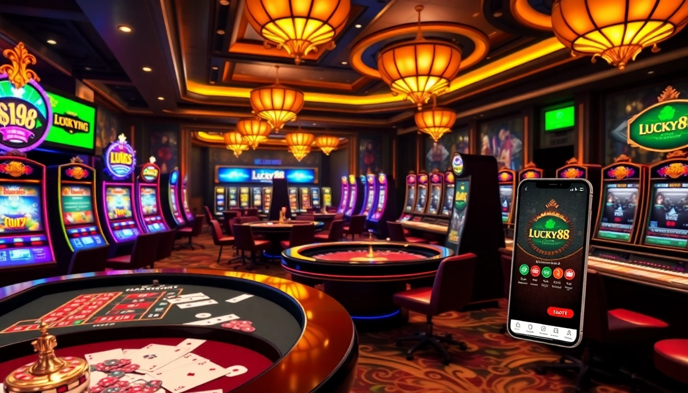 Engage with thrilling gambling action at Website Lucky88 featuring vibrant casino tables and slot machines.