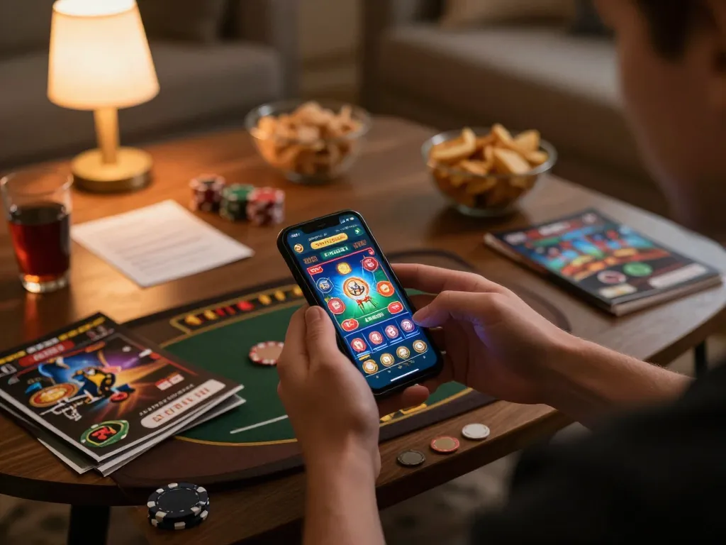 Experience mobile gambling at trang chủ jun88 with a cozy home setup, showcasing strategic gameplay