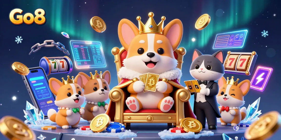 Engage with Go8's thrilling casino vibes featuring a royal corgi, poker chips, and vibrant cryptocurrency elements in a lively digital illustration.
