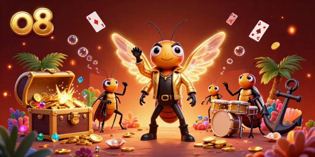 Experience the excitement of o8 in this colorful casino illustration with a vibrant cicada rock star and dynamic gaming elements.