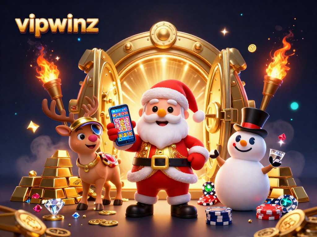 Enjoy a thrilling jackpot experience with vipwinz as Santa, a reindeer dealer, and a poker chip snowman celebrate.