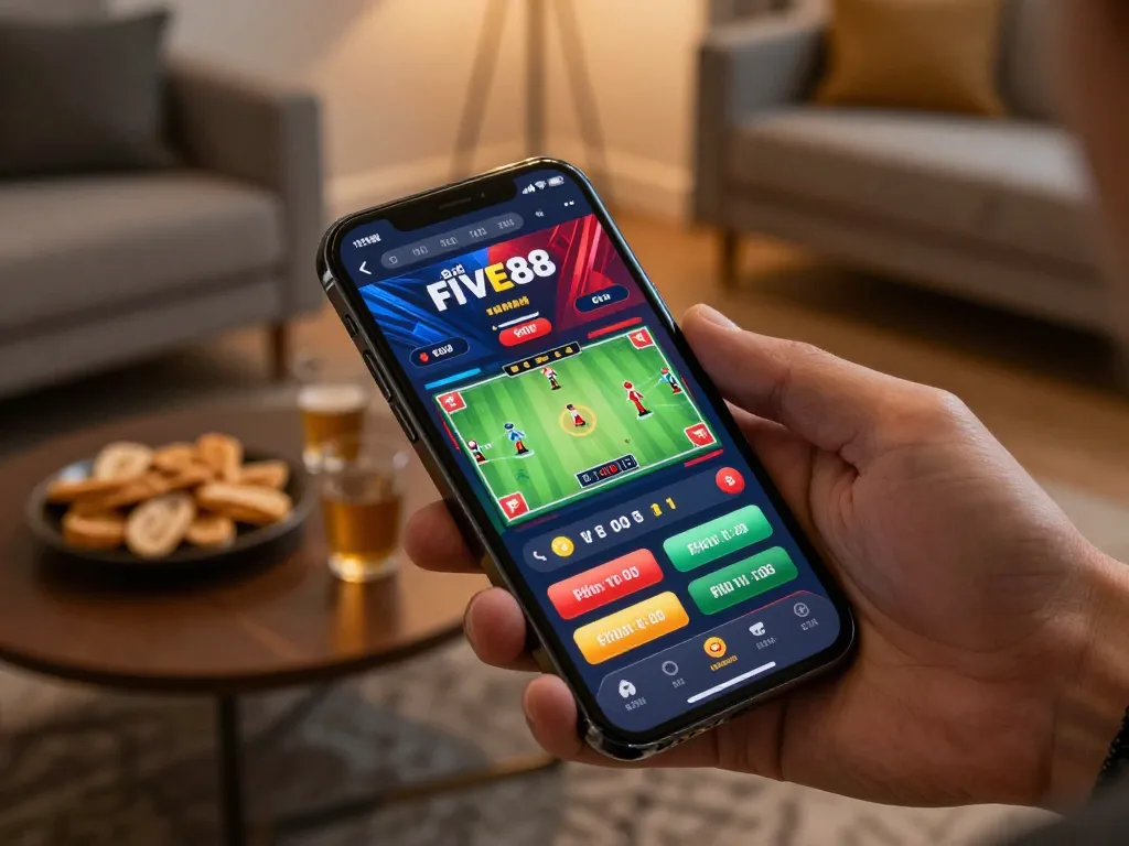 Engage in Đá gà five88 betting with a smartphone showcasing vibrant match graphics and options