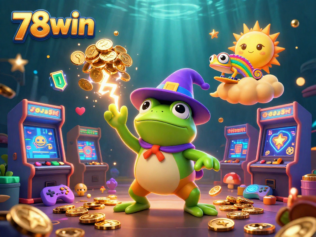 Win big with 78win while enjoying a vibrant casino experience filled with golden coins, game controllers, and playful characters.