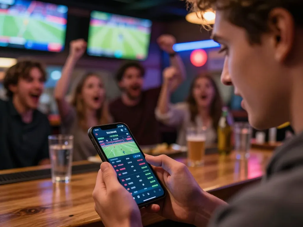 Socolive sports betting enthusiast using smartphone app for live match updates in a vibrant sports bar.