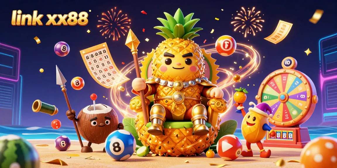 Join the fun at link xx88 with a vibrant 3D illustration showcasing a golden pineapple king and casino excitement.