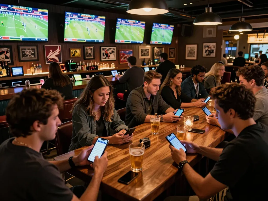 Players engaging with sports betting apps at CO88i's lively bar, surrounded by screens.