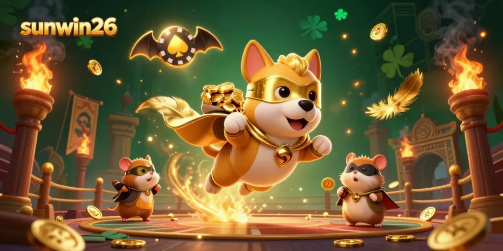 Experience thrilling action with sunwin26 as a superhero dog flies through a dynamic casino-themed scene filled with gold coins and poker imagery.