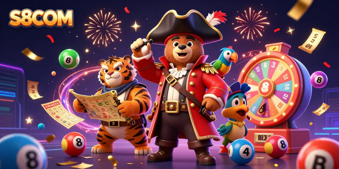 Engage with S8COM's vibrant casino scene featuring colorful lottery balls and exciting prizes.