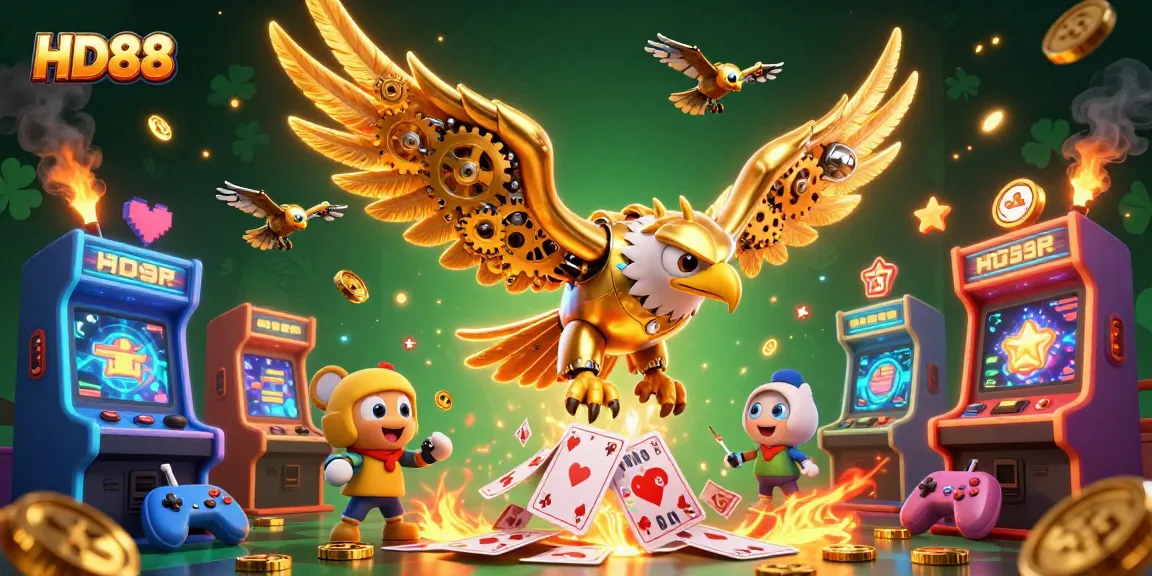 HD88 casino illustration with a mechanical eagle diving through holographic cards in a vibrant gaming atmosphere.