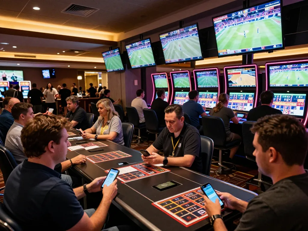 Experience the excitement of live sports betting as bettors analyze ty le keo nha cai at a bustling casino.