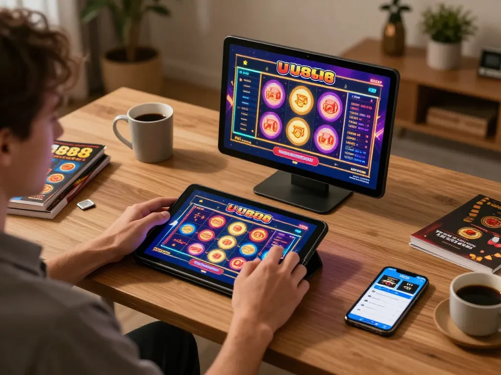 Engaging in online slot games on U888 platform, showcasing vibrant graphics and strategic gameplay.
