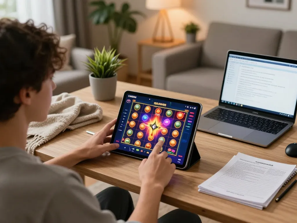 Person playing CM88 online casino game at home, showcasing tablet gaming setup with cozy ambiance