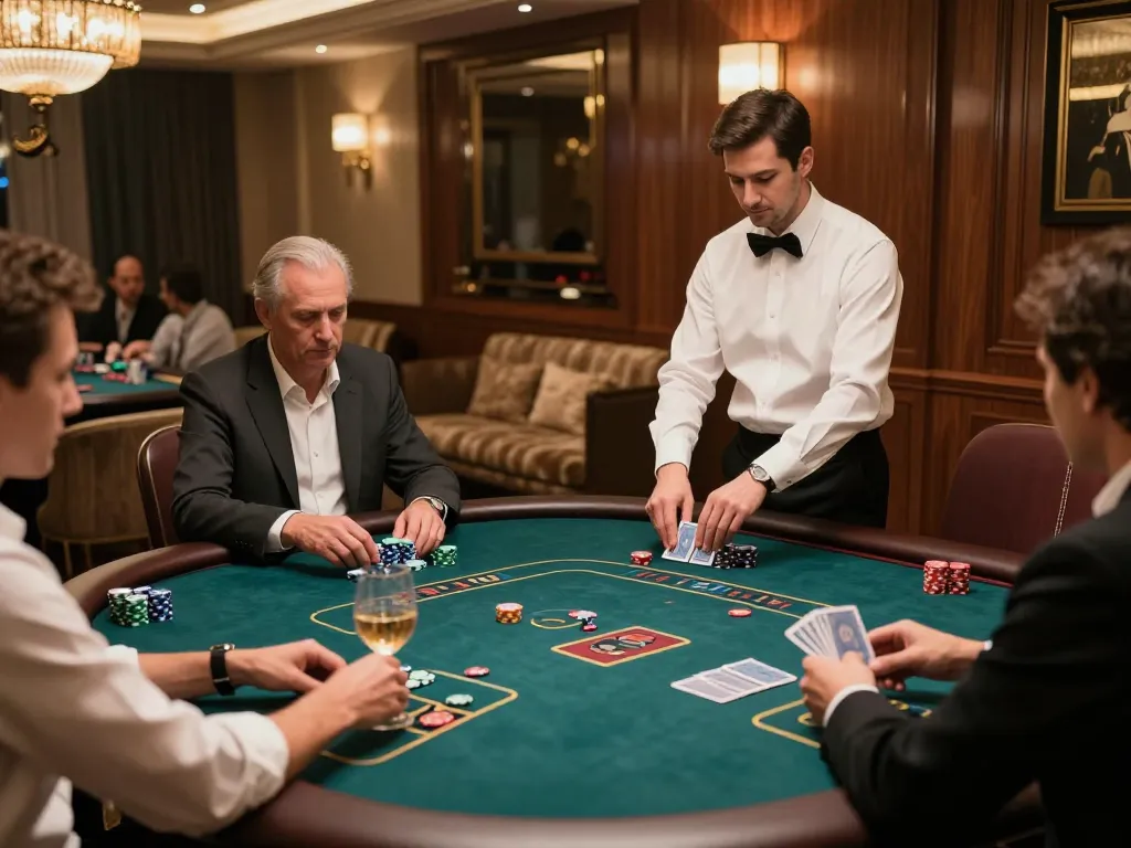 ALO8 VIP poker game with professional players and elegant decor, showcasing a high-stakes atmosphere.