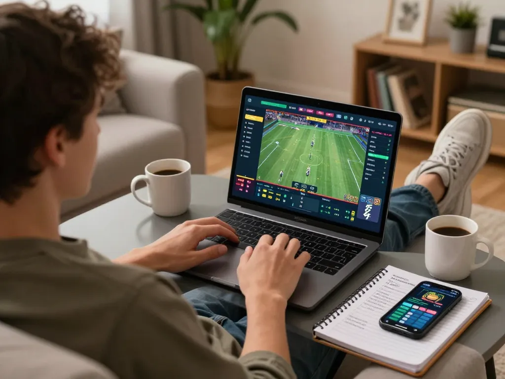 Person using Ko66 for online sports betting, showcasing a casual home environment with gaming strategy notes.
