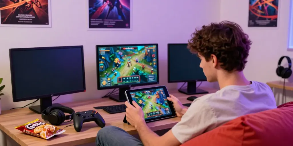 Young adult enjoying rokok88 offline game in a colorful gaming setup.