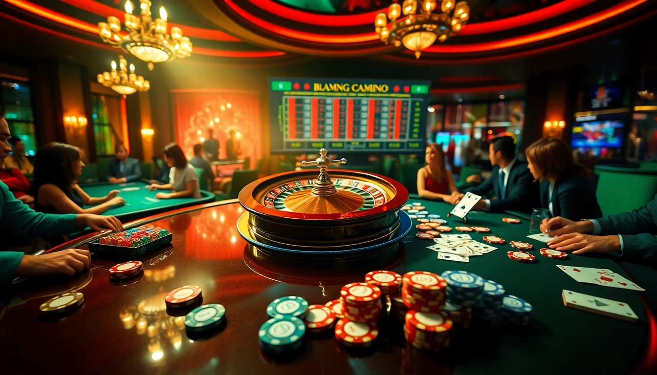 Engage in thrilling betting at trang chủ mi88 with an elegant casino scene showcasing roulette and poker action.