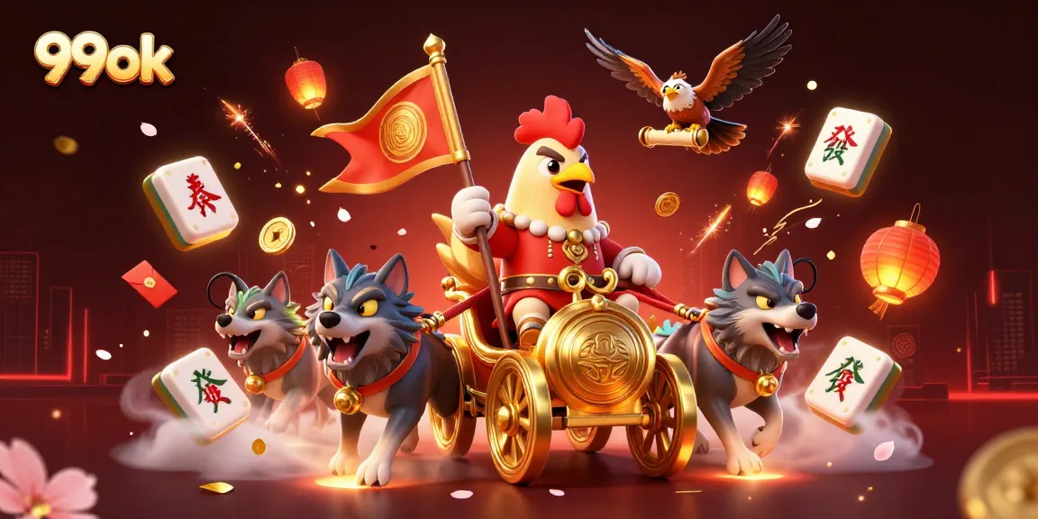 Engage in exciting games at 99ok with a dynamic 3D casino scene featuring a rooster warlord and golden symbols.