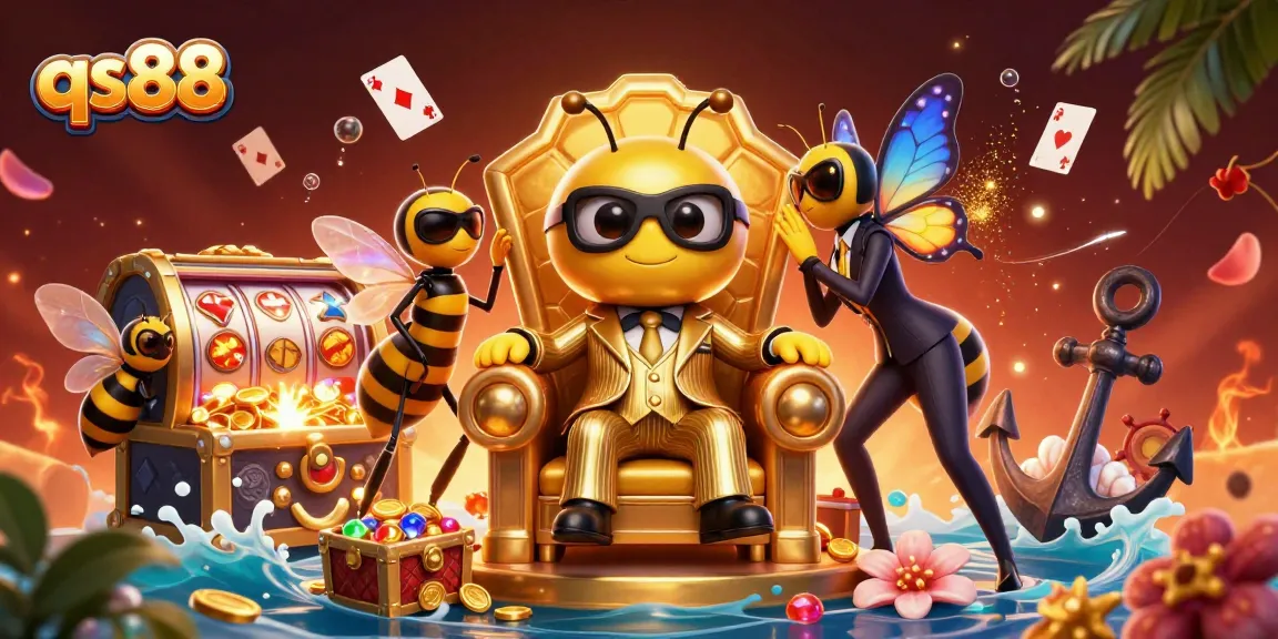 Experience the exciting world of qs88 with a buzzing bumblebee mob boss amidst vibrant casino elements and golden treasures.