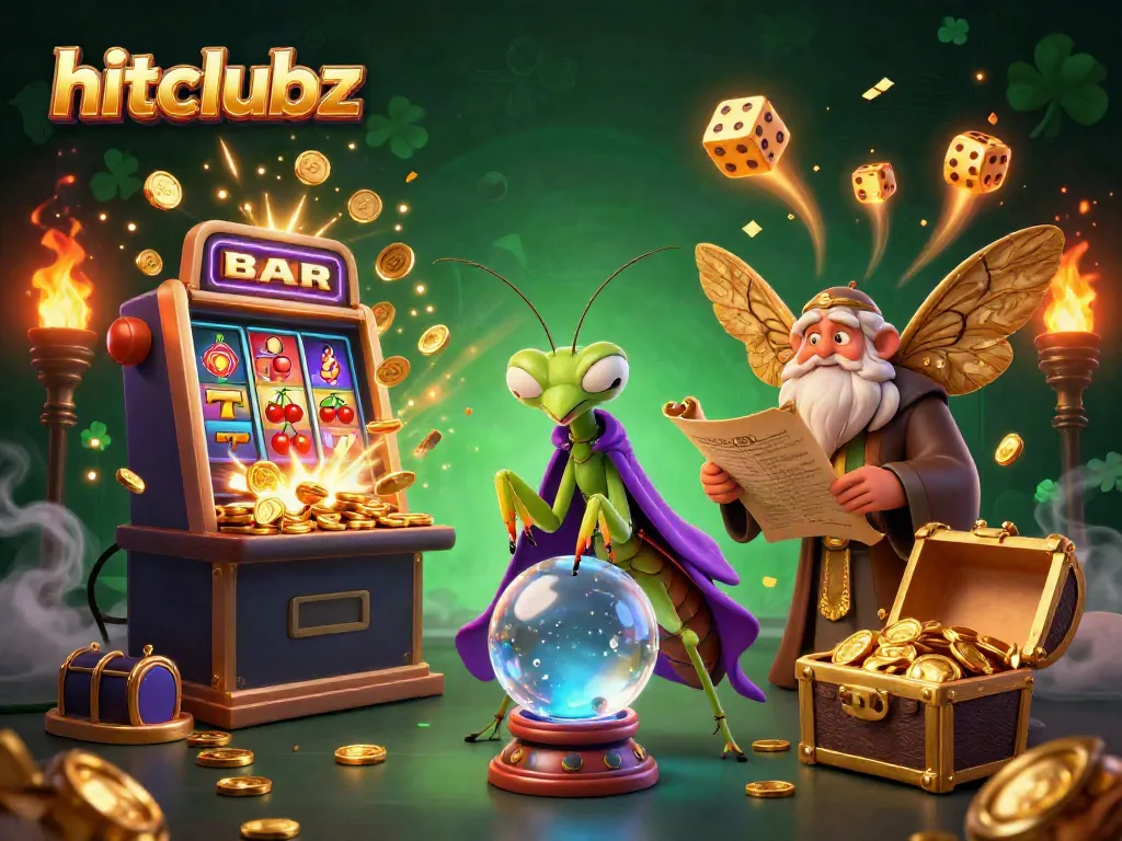 Experience hitclubz with a vibrant scene of a fortune teller, moth librarian, and dynamic casino elements.