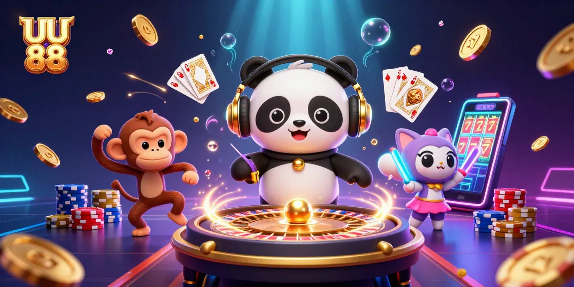 Experience the thrill of gambling at UU 88 with a vibrant scene of characters celebrating around cascading coins and games.