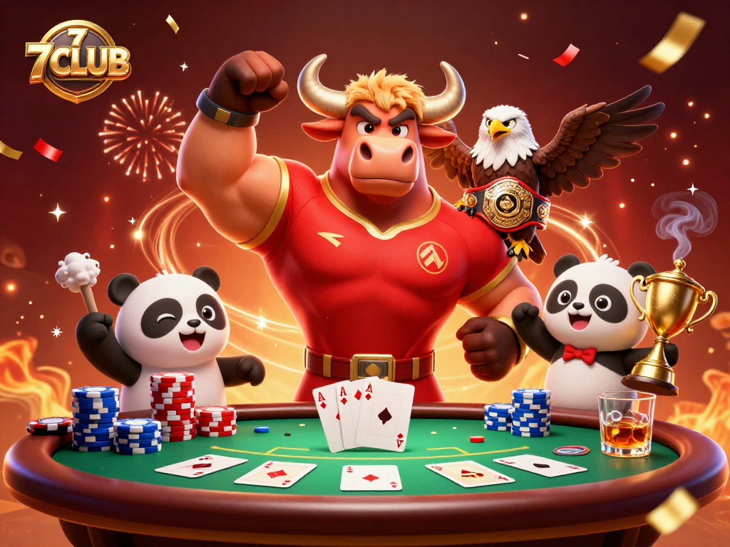 Engage with exciting 7CLUB games featuring a victorious bull, eagle, and panda amidst vibrant casino elements.