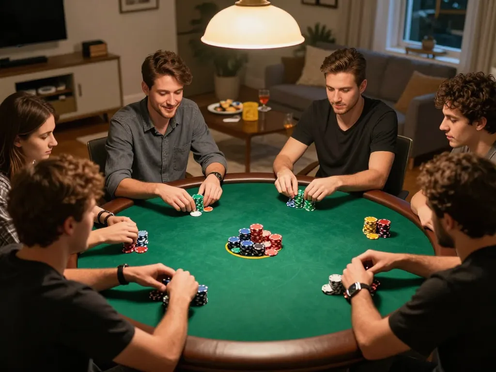 Friends enjoy a lively poker night at home while playing GA 88 poker, surrounded by warm lighting and chips.