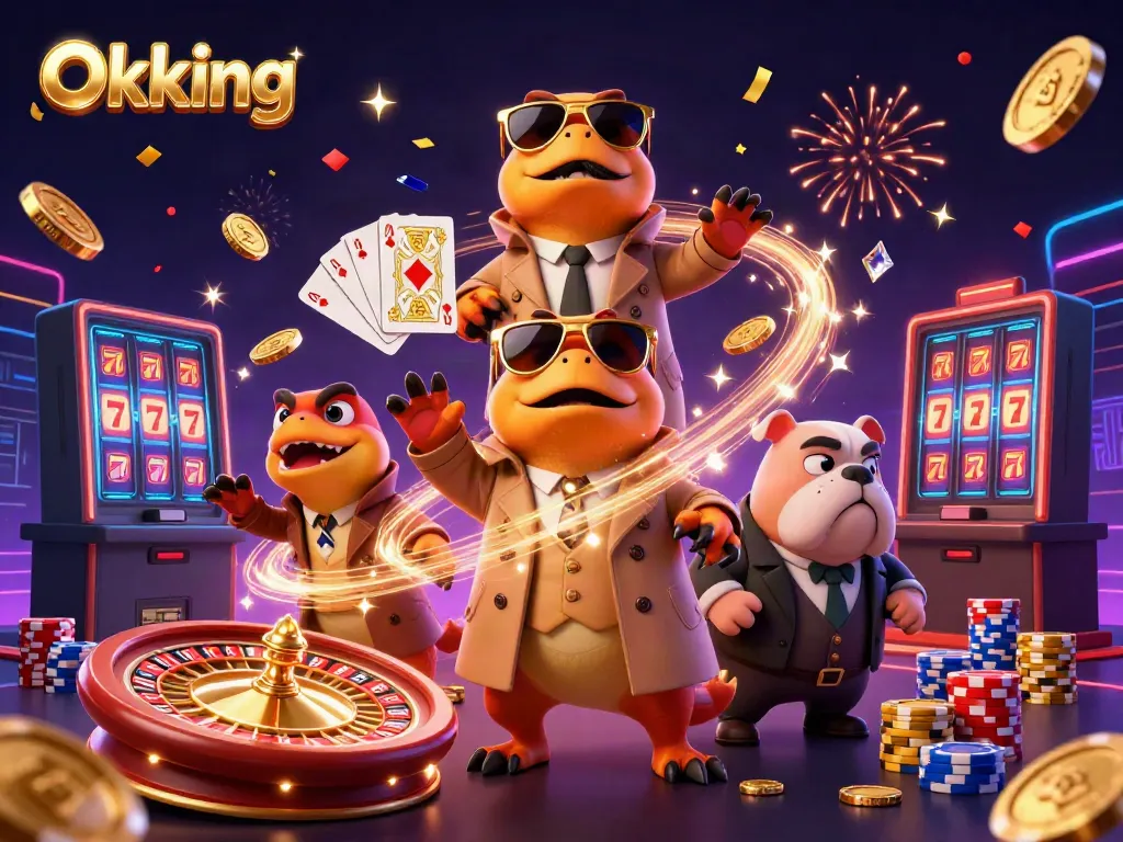 Experience excitement with Okking at a vibrant VIP casino scene featuring raptors and dazzling gambling elements.