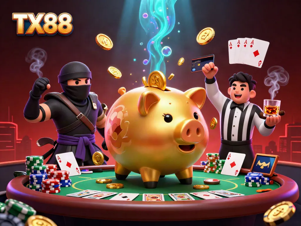 TX88 gaming illustration featuring a sumo wrestler coin bank, ninja, and referee amid dynamic poker action.