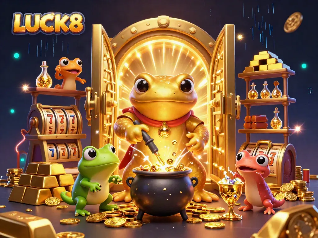 Merge LUCK8's magical casino themes with vibrant visuals, showcasing golden riches and gaming symbols.
