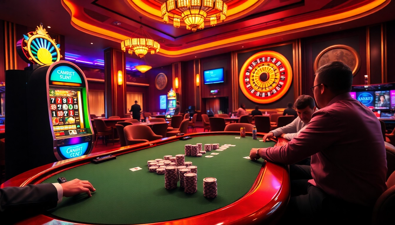 Experience thrilling gambling at https://debet66.com/ featuring a vibrant casino environment with poker chips and tables.