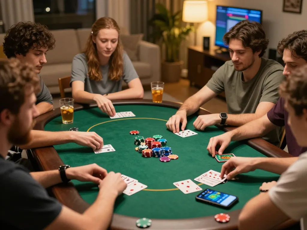 Playful friends enjoying a poker night at home, emphasizing the social aspect of their gaming, related to nhà cái sin88.