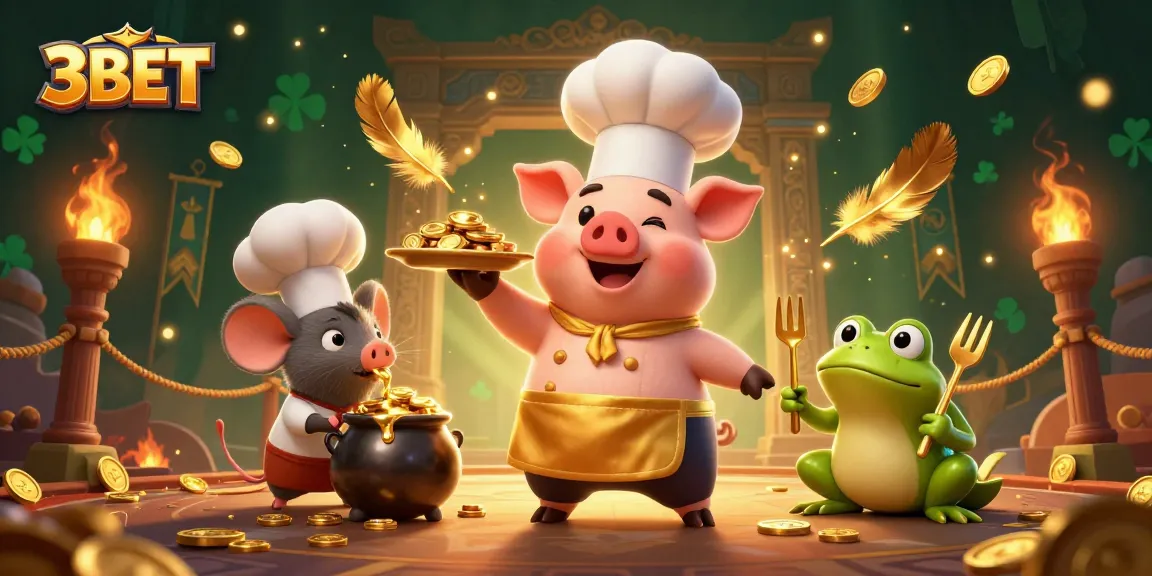 Experience 3BET's thrilling gameplay with a chef pig, sous-chef mouse, and critic frog in a vibrant casino scene.