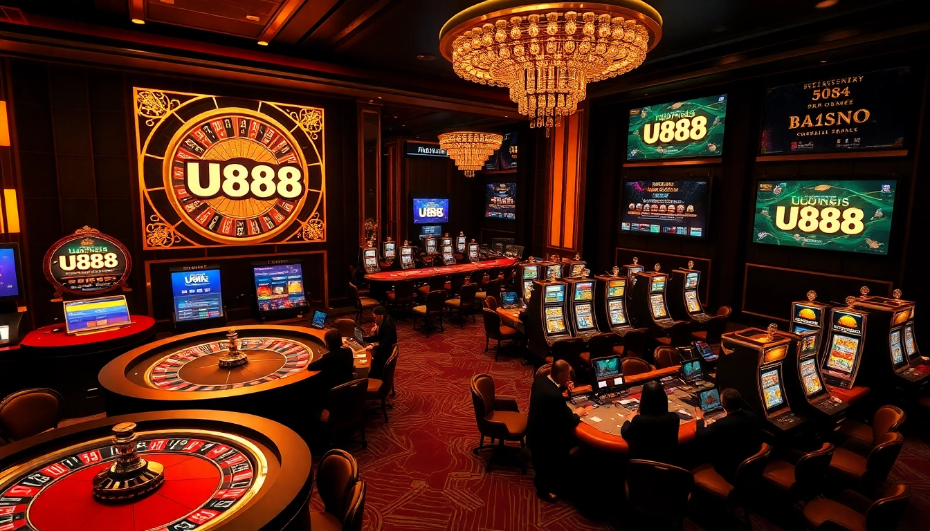 Experience thrilling gameplay at U888 with immersive casino elements, roulette wheels, and poker chips.