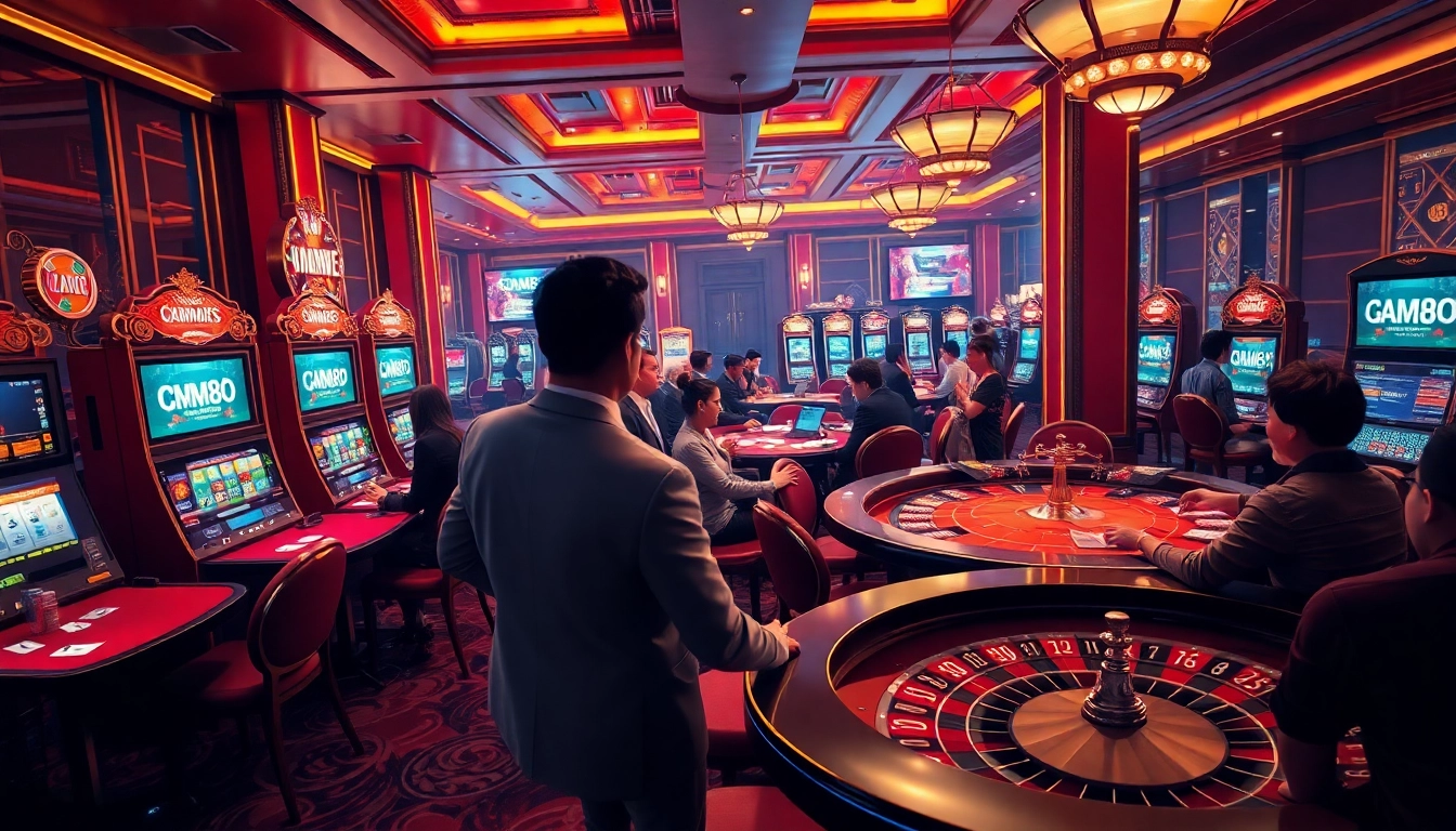 A lively online casino scene showcasing MM88a.br.com with players at gaming tables, colorful slot machines, and luxury decor.