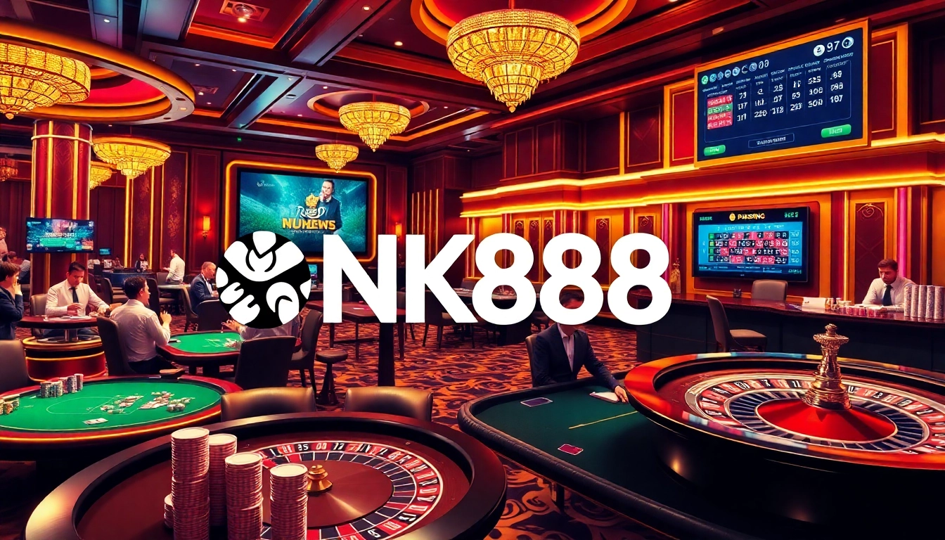 Players enjoying games at NK88 casino, showcasing poker tables, roulette wheel, and vibrant atmosphere.