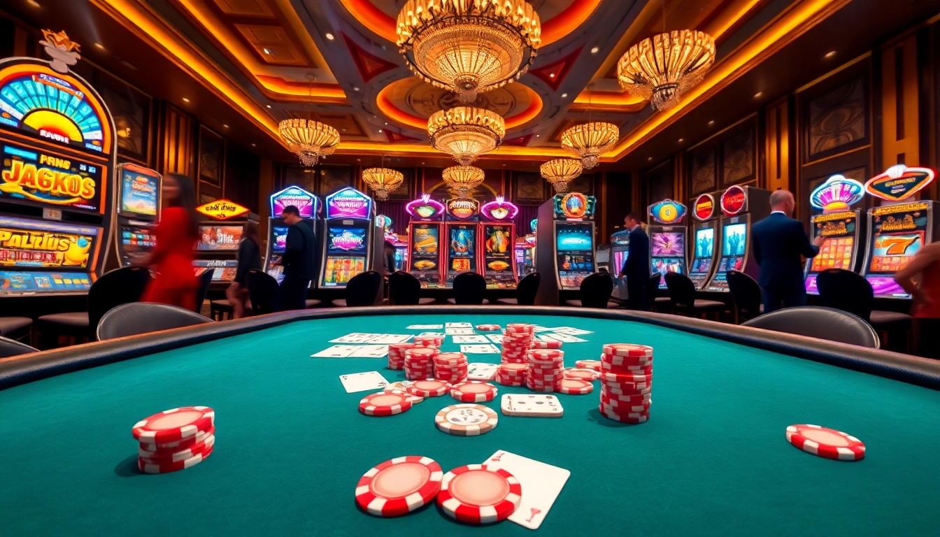 Naga99 players engaging in high-stakes poker and slot games in a luxurious casino setting.