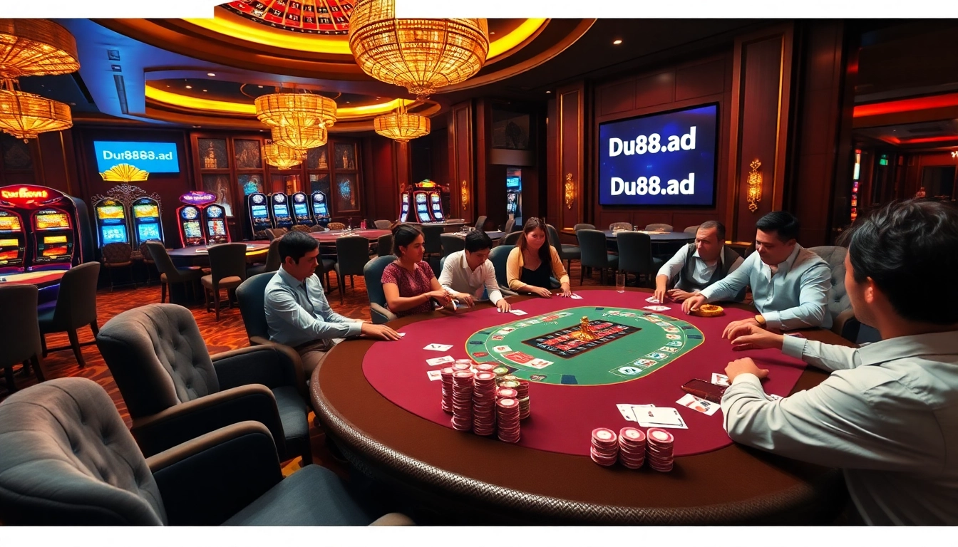 Experience thrilling casino action at Du88.ad with luxury poker tables, chips, and roulette wheels.