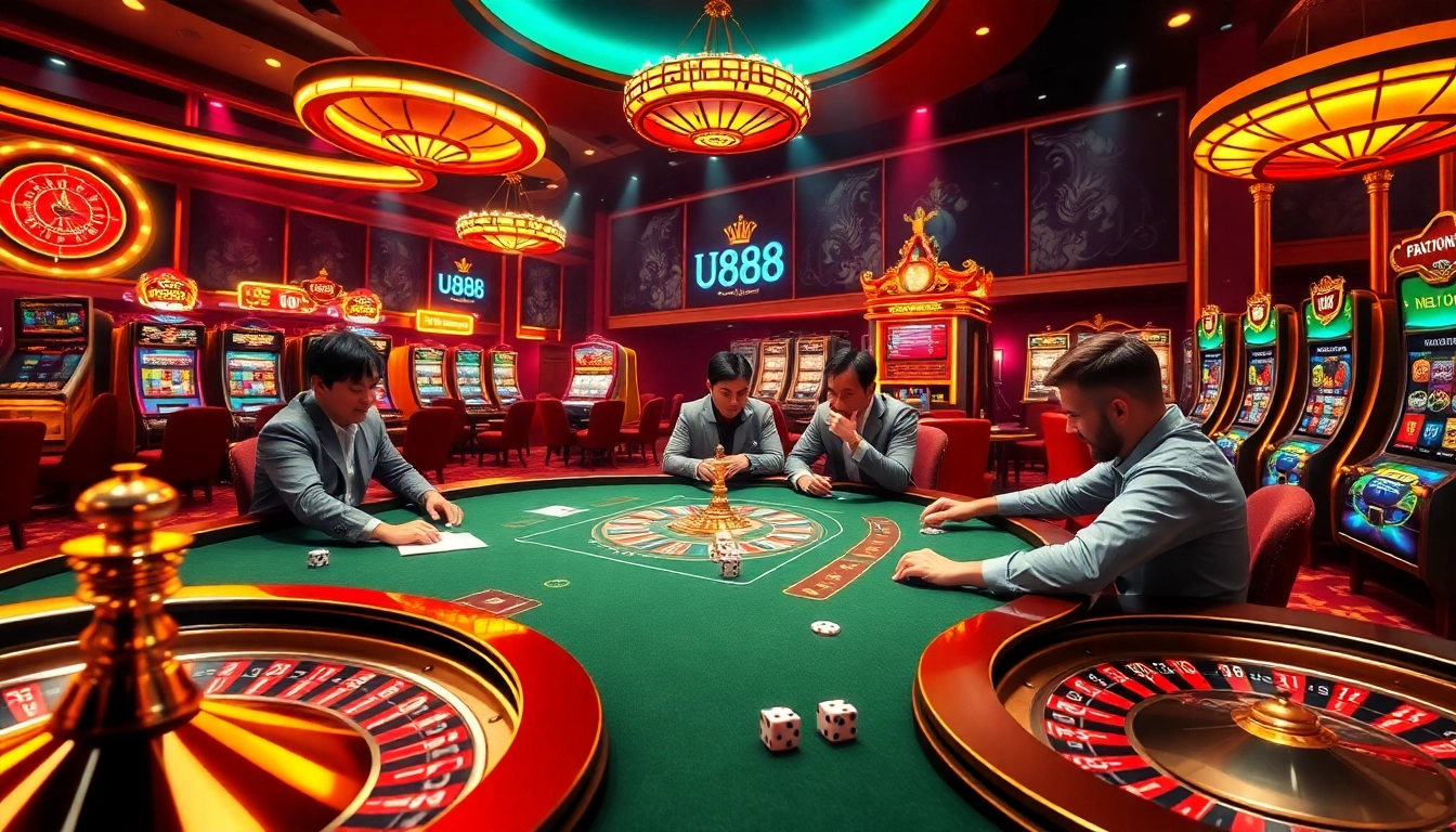 Engaging poker players in a luxury casino environment, showcasing excitement at u888 gaming.